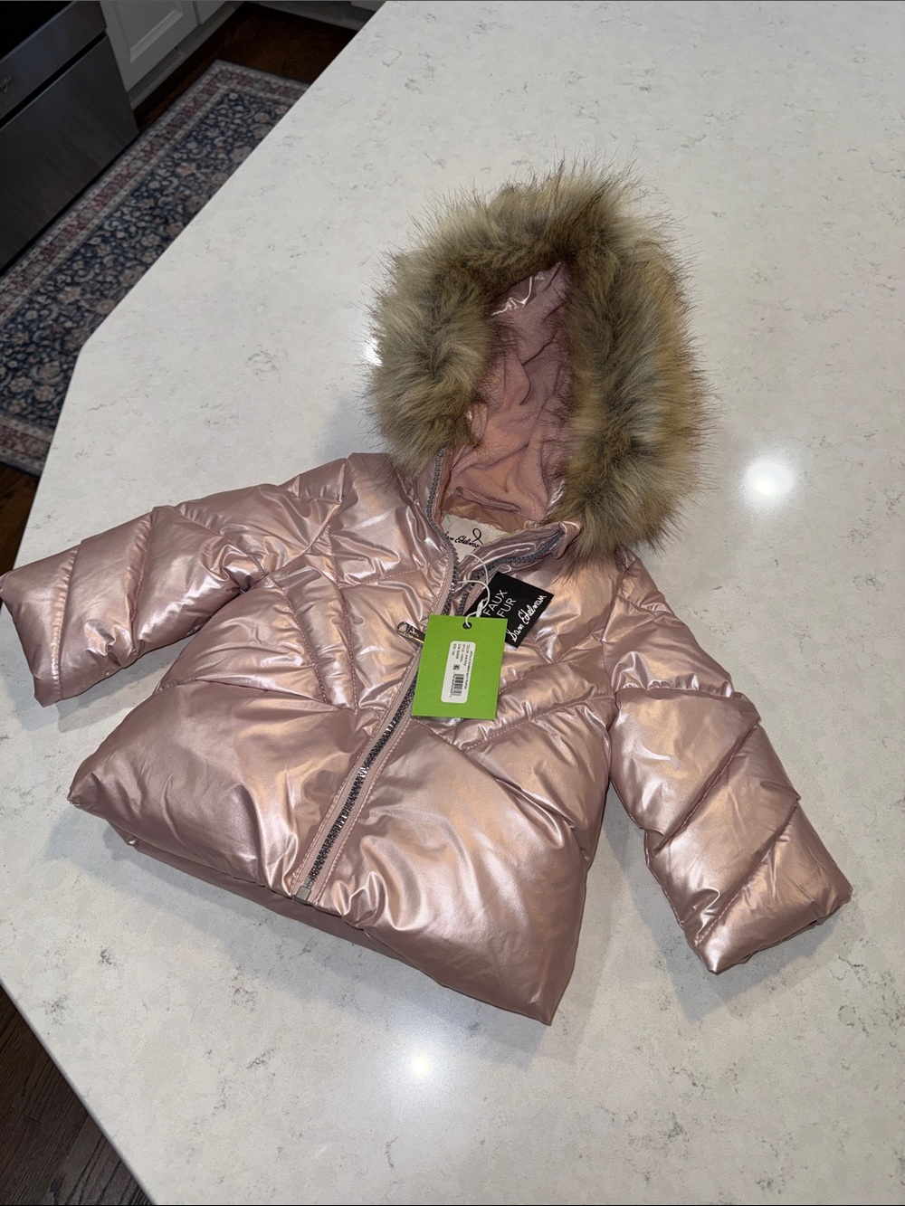 NWT Sam Edelman Baby Girls Pink Metallic Puffer Jacket Faux Fur collar Size 12 m